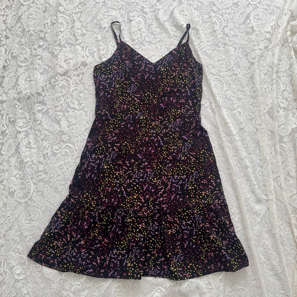 ana Black Floral Sundress Size S Summer Dress Petal Pattern Ruffle Hem A-Line